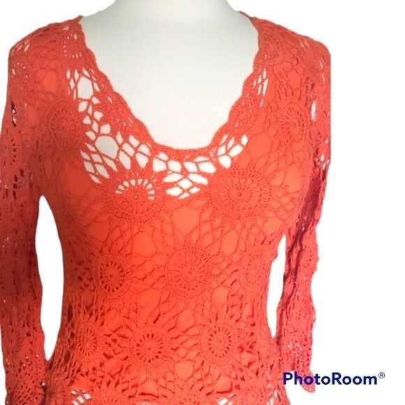 Joseph A Orange LS Crochet Top - S - Picture 2 of 14